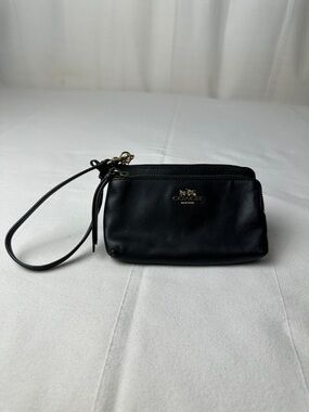 Coach Black Leather Wristlet Pouch with Gold Logo